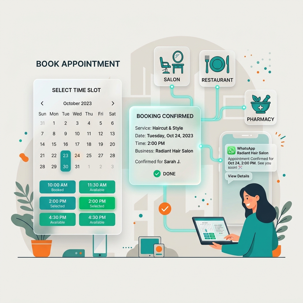 PocketSafe Appointment Booking system showing calendar, time slots, booking confirmation, and WhatsApp notification