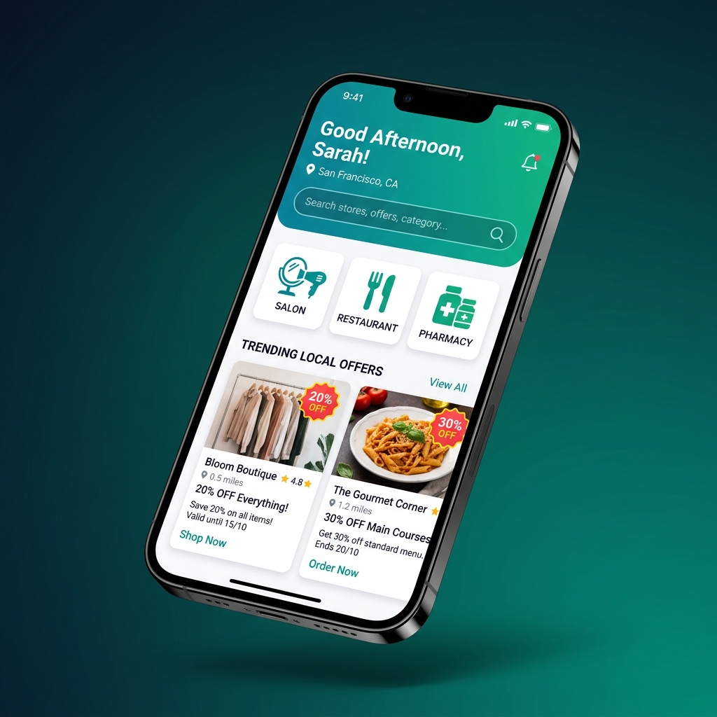 PocketSafe Customer App showing shop discovery, trending offers, and categories like Salon, Restaurant, Pharmacy