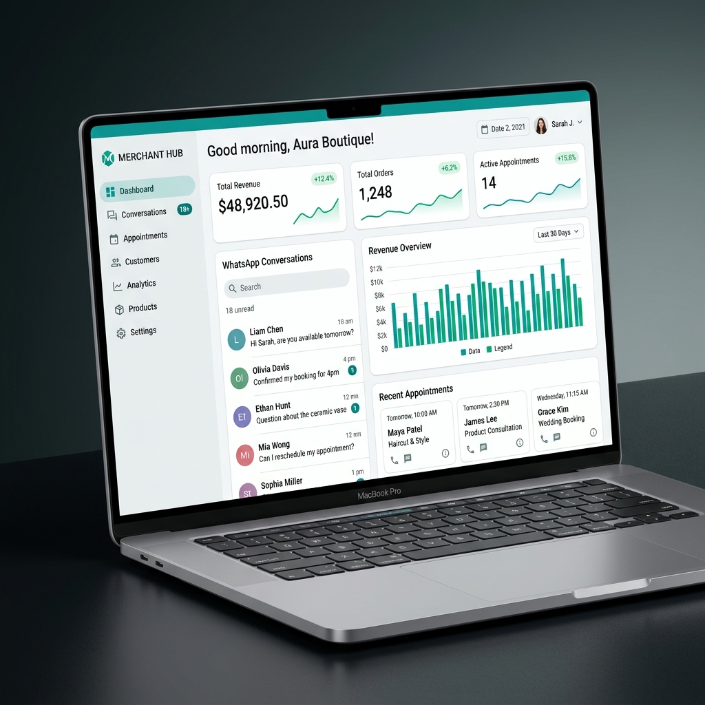 PocketSafe Merchant Dashboard showing revenue, conversations, appointments, and analytics on a laptop