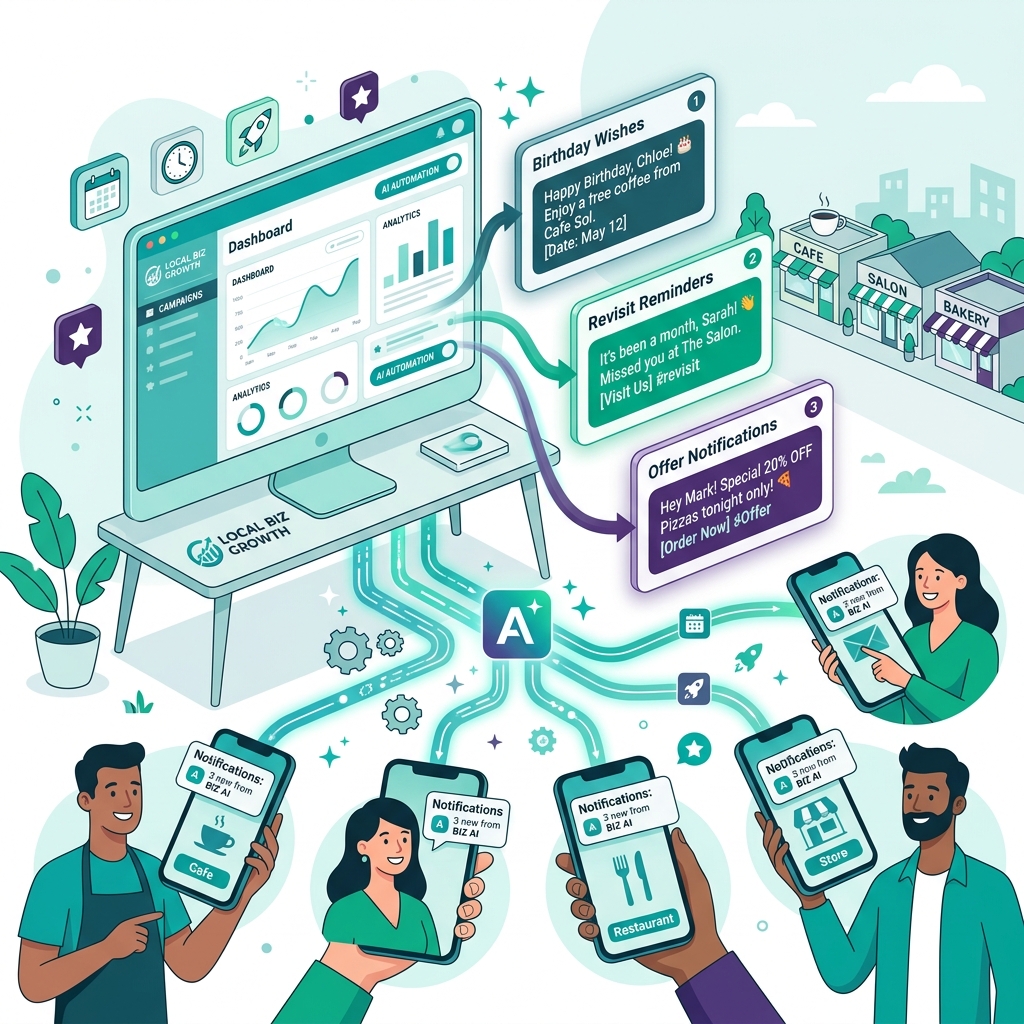 PocketSafe AI Marketing showing automated birthday wishes, revisit reminders, and offer notifications being sent to customer phones