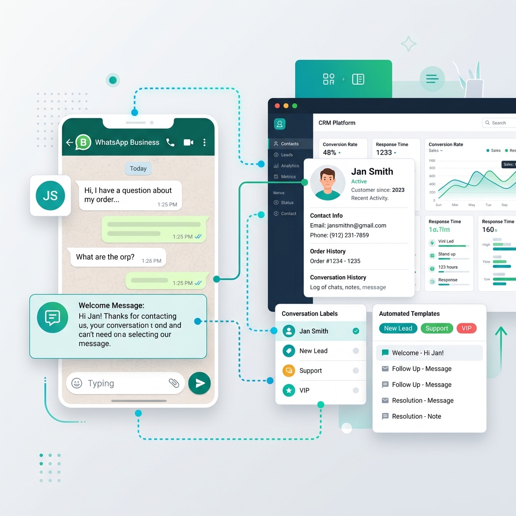 PocketSafe WhatsApp CRM Dashboard showing conversations, labels, customer profiles, and automated templates